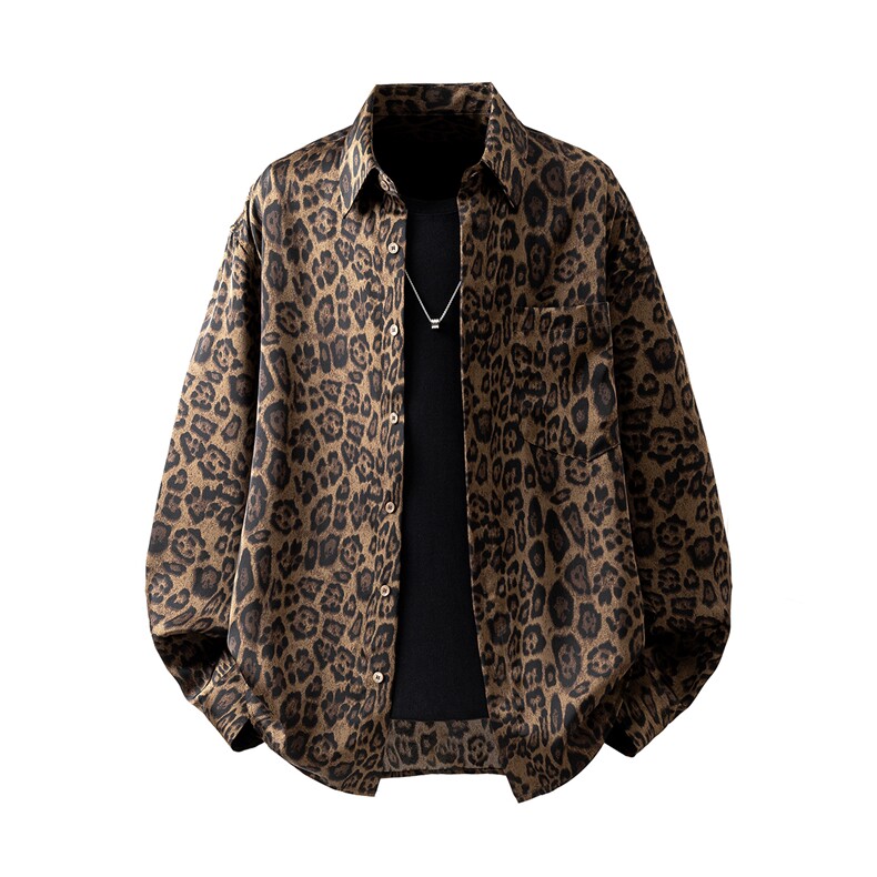 立体白底豹纹衬衫M-5XL大码聚酯纤维长袖衬衫CS78728P35控58,男装衬衫,星座227-7