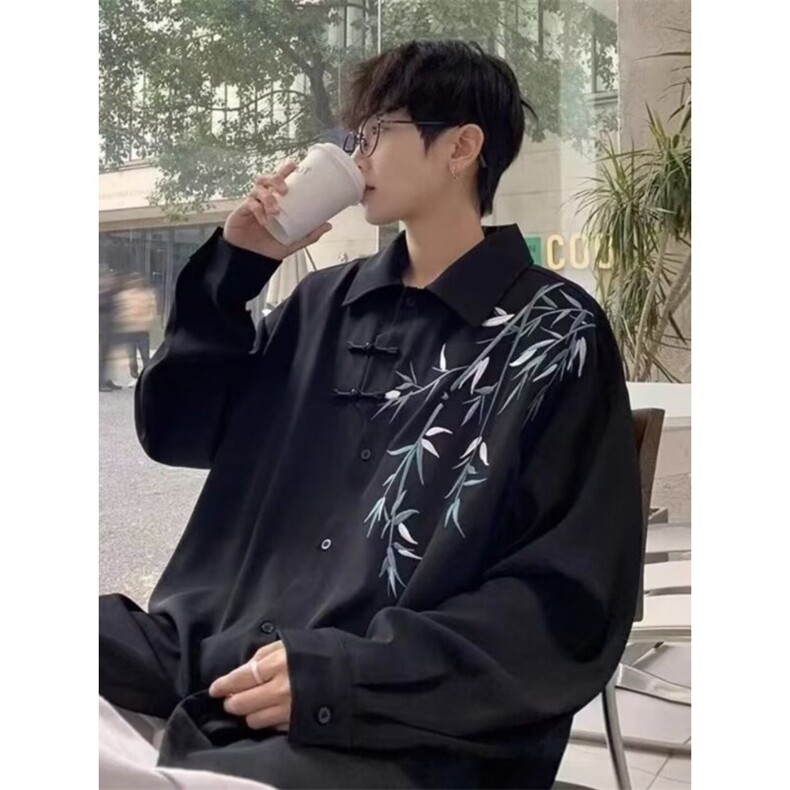 新中式风盘扣刺绣长袖衬衫男装设计感高级唐装道袍衬衣外套春,男装衬衫,星座506A