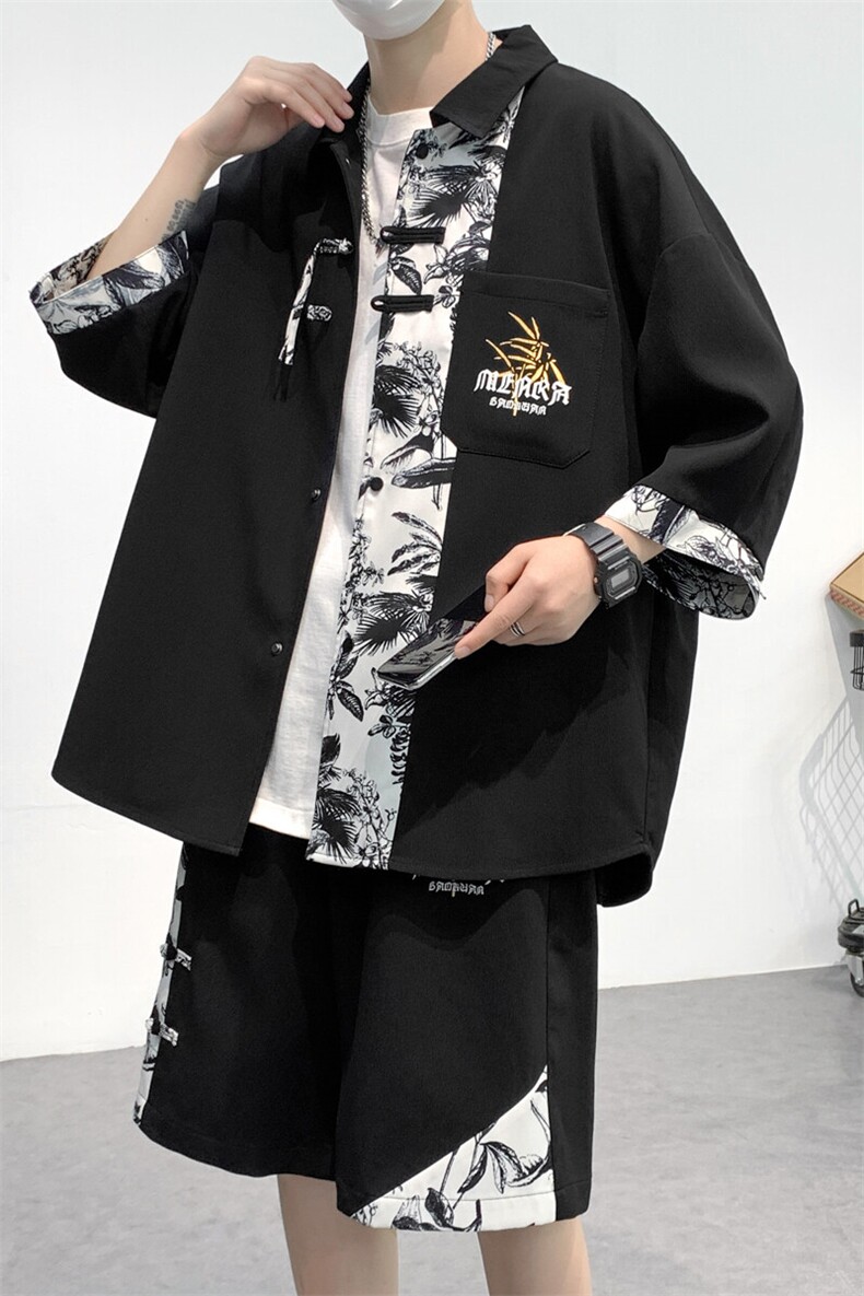 新中式竹纹拼接短袖衬衫夏季风潮牌半袖衬衣外套A436-T18-P65,男装T恤,电商A436