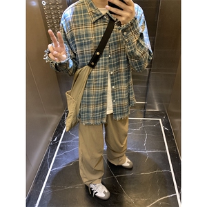 B221 ！美式ins高街暗黑小众毛边格子衬衫 SY2320-P65控88图片