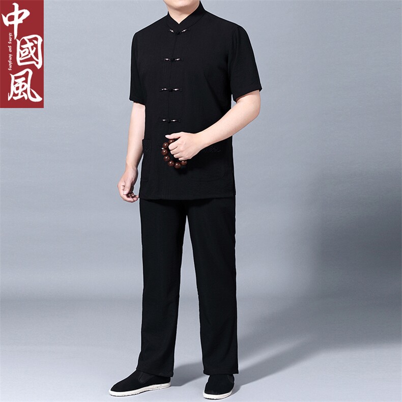 唐装2023夏季新款短袖上衣中山装风扣两件套男士宽松古风男装,男装民族服装,电商B212（原钱塘6029）