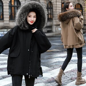 棉衣/棉服2021新款冬仿羊羔毛中长款工装带帽棉服女外套配毛领图片