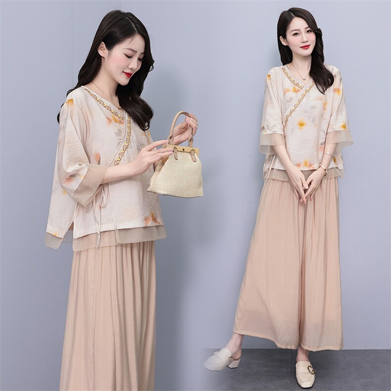 商场折扣店撤柜文艺刺绣v领衬衫欧根纱拼接印花斜襟系带禅意上衣，女装套装/套裙，香香