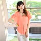 时尚宽松雪纺衫女夏季新款韩版百搭显瘦短袖上衣蓝色甜美衬衫，女装蕾丝衫/雪纺衫，雪樱依海