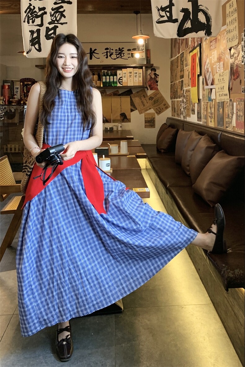 慵懒风蓝色格子背心连衣裙女2025夏季新款设计感小众宽松及踝长裙,女装连衣裙,2C159