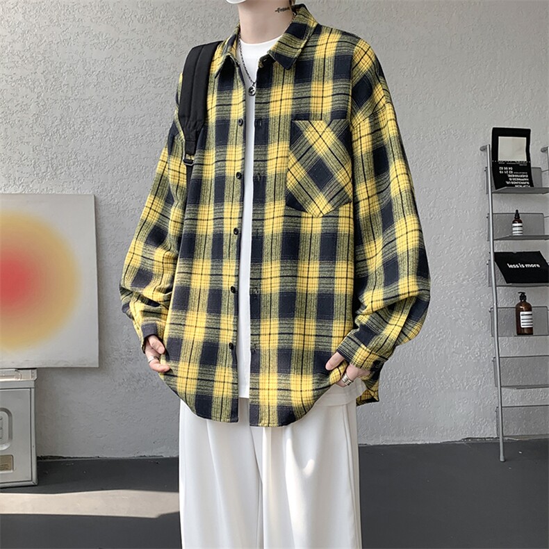 衬衫男秋季新款港风宽松大码磨毛格子长袖衬衣CS6638-特P29,男装衬衫,星座214-3