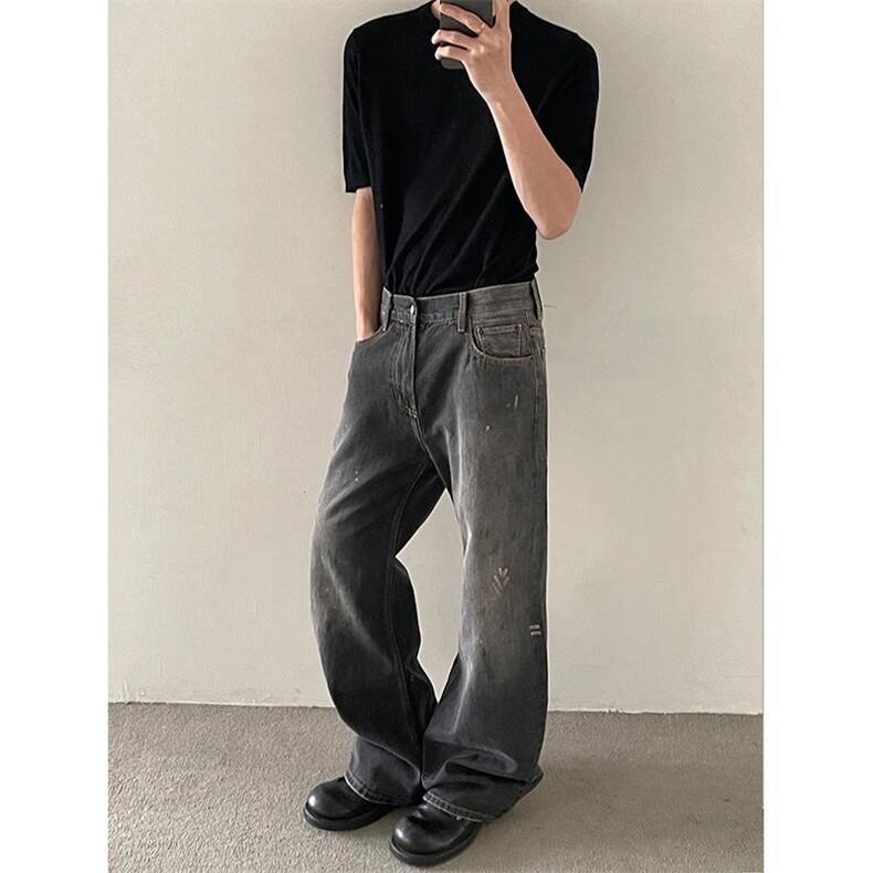 美式做旧泼墨牛仔裤男女百搭简约直筒微喇显瘦长裤潮NZB105，男装牛仔裤，星座516A