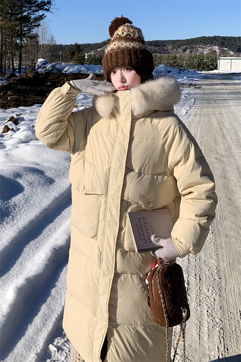 水衣源8806款中长款连帽狐狸毛领宽松阔版加厚保暖羽绒服女,女装羽绒服,水衣源