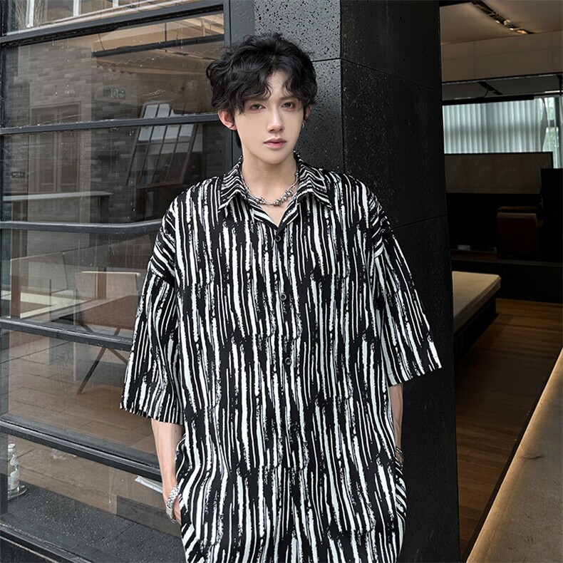 现货夏季经典斑马纹凉感ins风宽松潮男衬衫A071-C53-P38,男装衬衫,电商A071