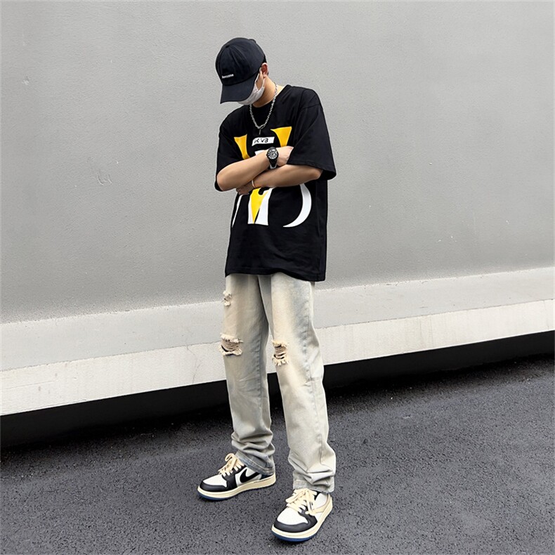 牛仔裤男夏季破洞直筒裤子高街vibe潮牌宽松休闲长裤N031-P40,男装牛仔裤,星座308B-1