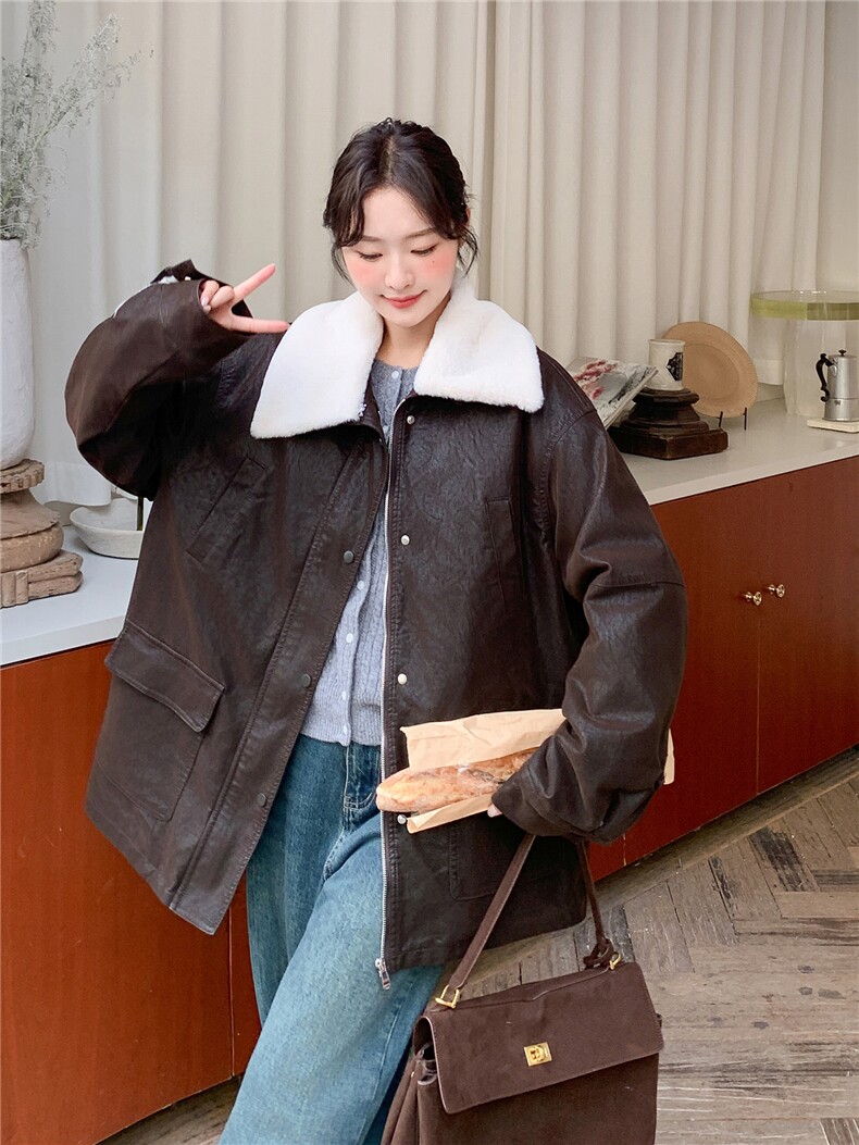 新款（出货）高克重一体绒PU皮派克服2B156-813-P265-K398,女装短外套,2B156