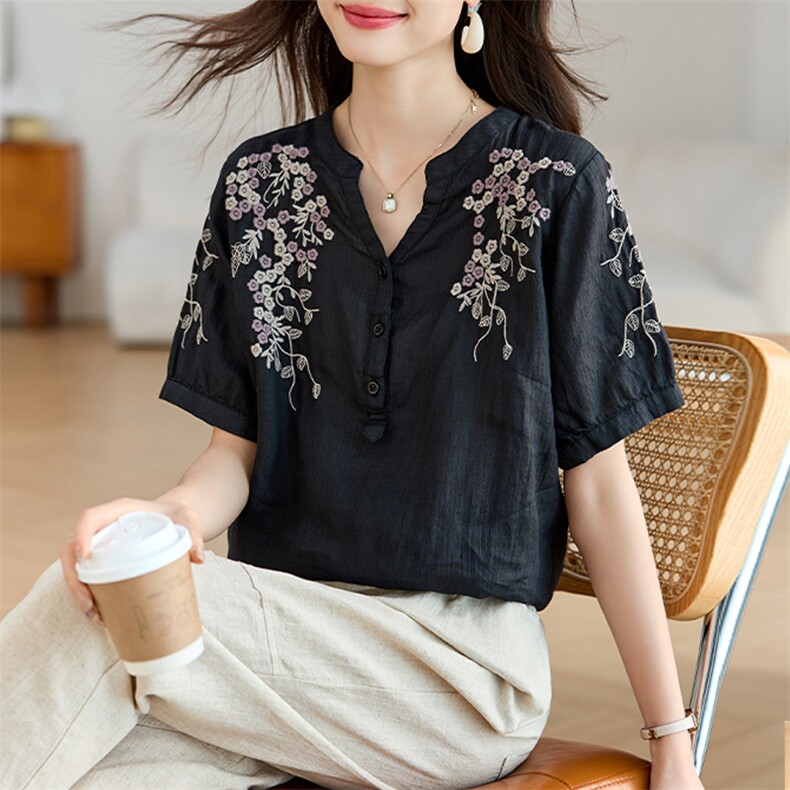 2024年夏季刺绣苎麻休闲宽松上衣,女装衬衫,文熹诺