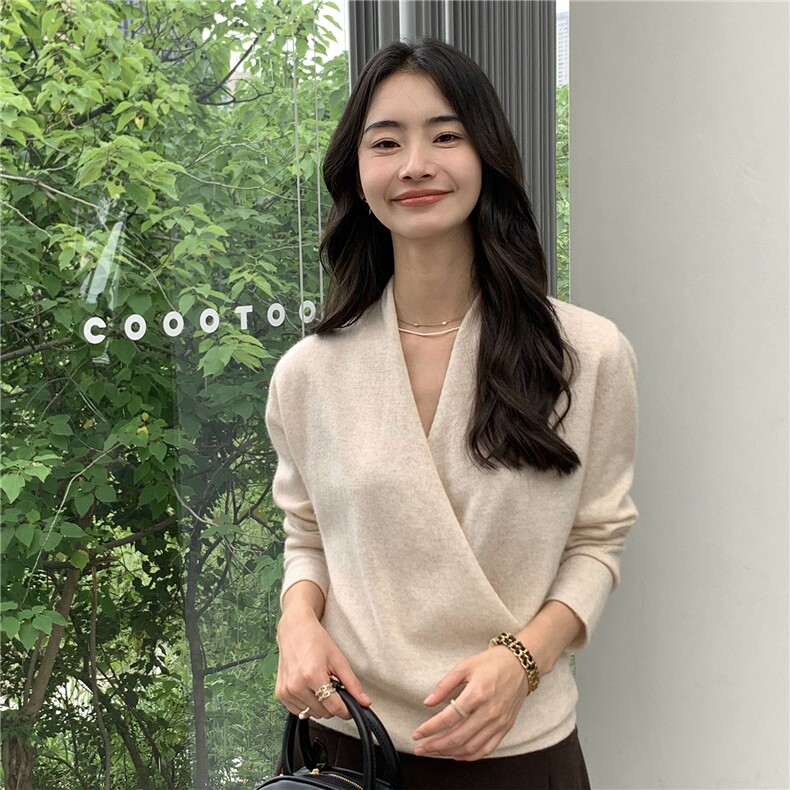 2025秋冬百搭时尚简约交叉长袖针织衫,女装羊绒衫,玛卡隆羊绒