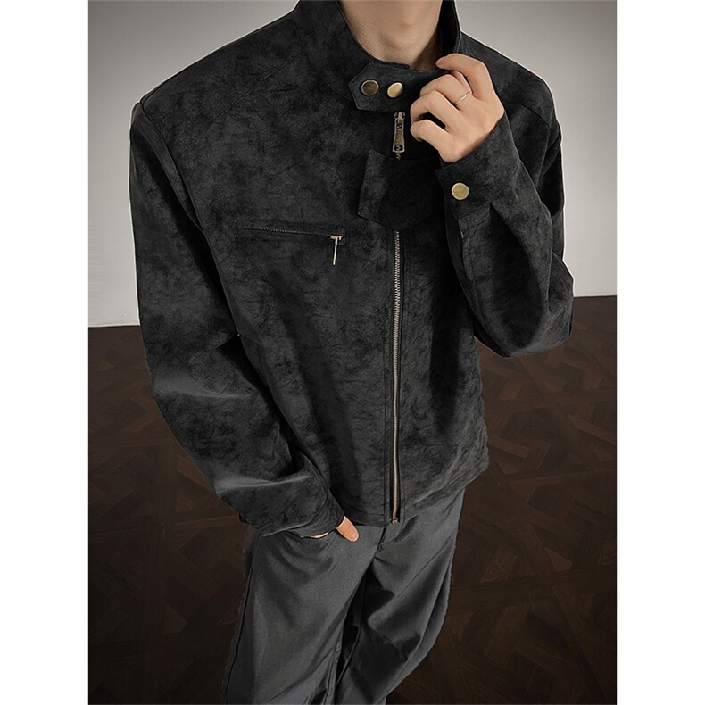 JK9922-P75控128秋季老钱风短款宽松夹克外套男潮牌扎染垫肩皮衣,男装夹克,电商A058-1（原电商C417）
