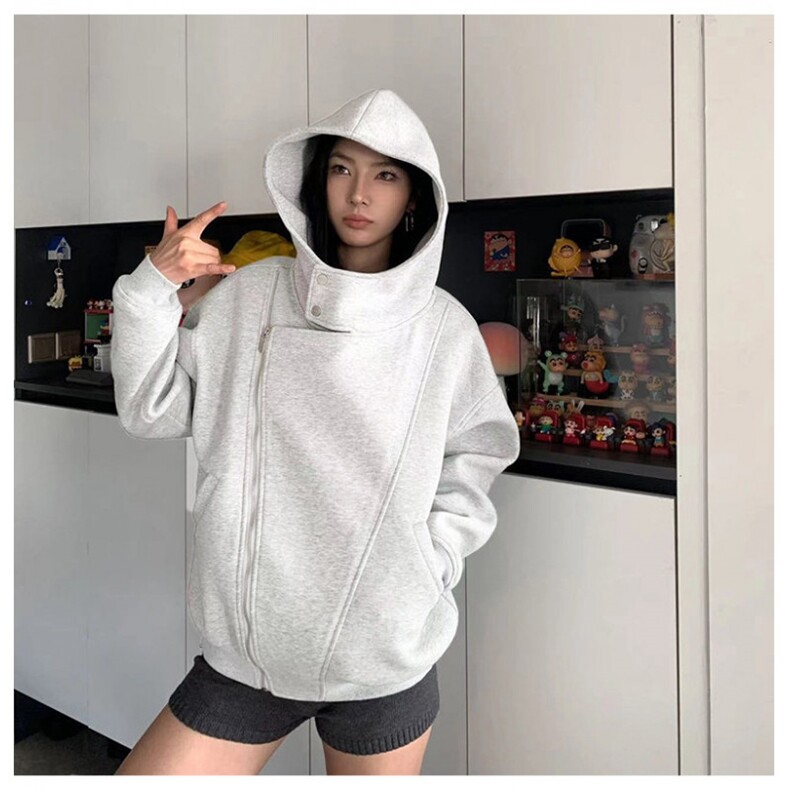 网图重磅380克全棉宽松设计感拉链套头连帽卫衣外套AH912-P58,女装短外套,四季星座610B