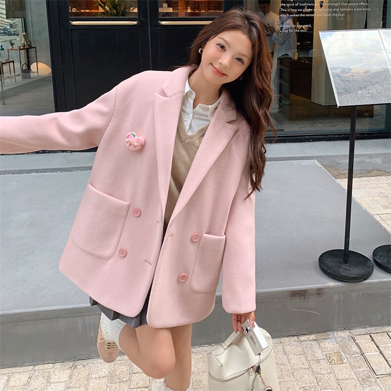 粉色毛呢西装外套春秋女2025新款韩系甜气小个子双面呢小西服图片
