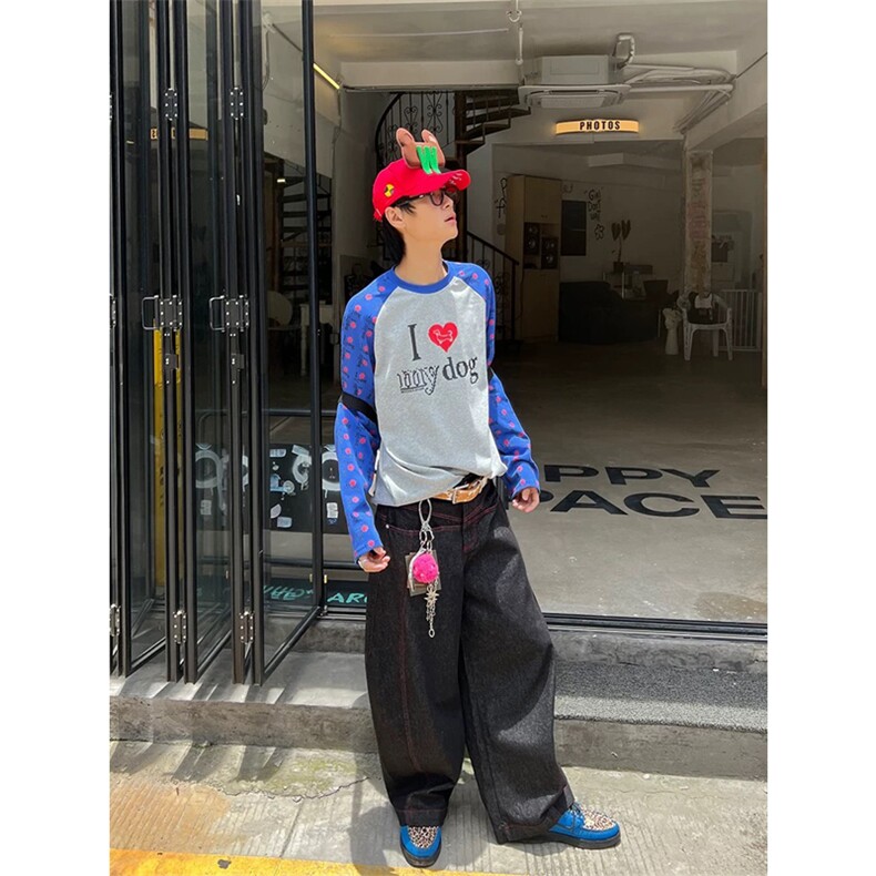 网图有货美式复古爱狗狗撞色插肩袖T恤秋季男女宽松上衣A805-P36,男装T恤,星座1505
