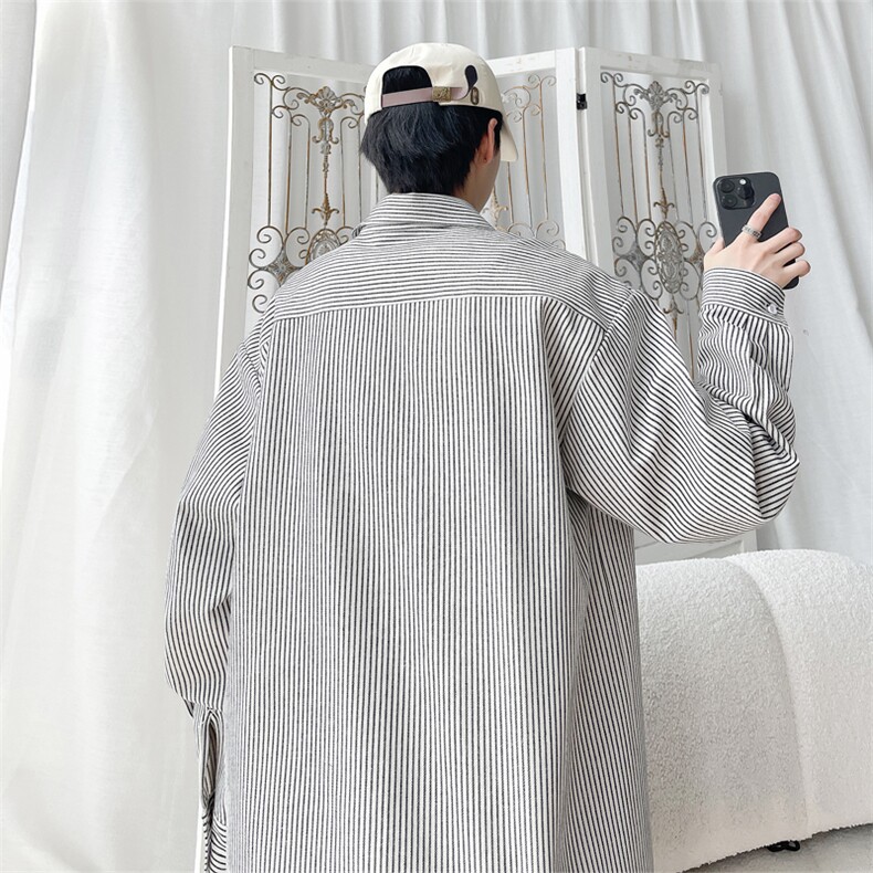学院风条纹长袖衬衫男生春秋季日系复古cleanfit宽松直筒衬衣外套,男装衬衫,电商A022