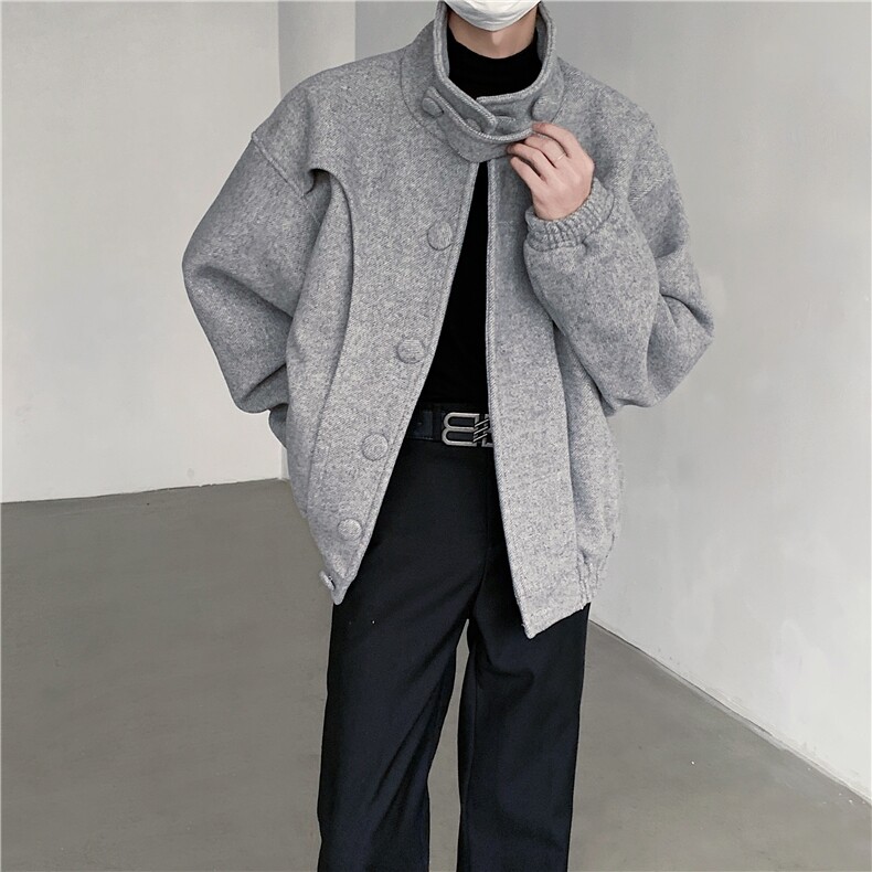 现货25羊毛设计感男士解构加厚短款复古毛呢大衣JK77-P168，男装毛呢大衣，电商B288
