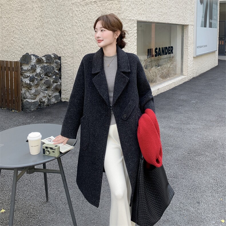 黑色羊毛大衣女2025秋冬新款韩版休闲气质高级感中长款毛呢外套,女装羊绒大衣,2C316