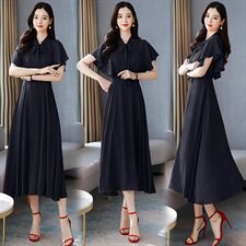 2021年新款夏季绸缎荷叶边袖连衣裙长款系带套头大摆型A型，女装连衣裙，瑶迪依秀