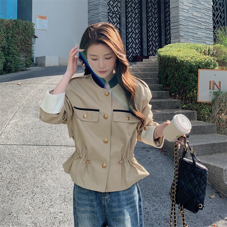 卡其色短风衣女春秋2024新款设计感抽绳收腰漂亮外套气质名媛上衣,女装短外套,帛香坊