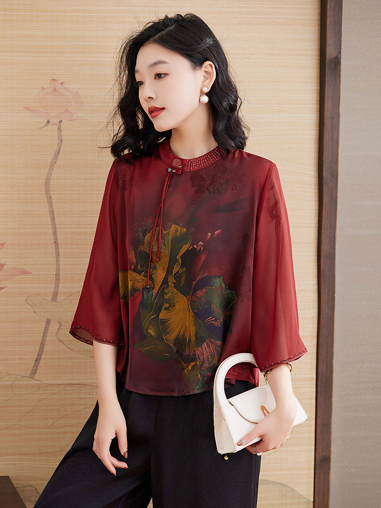 新中式中老年重磅真丝半袖上衣夏季妈妈女桑蚕丝时尚T恤衫,女装衬衫,媚琳依坊