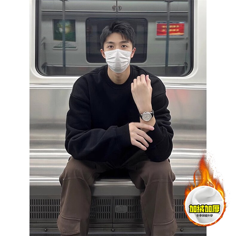 480G重磅加绒加厚硬挺boxy男女秋冬美式高街短款廓形纯色圆领卫衣,男装卫衣,电商A222（原电商A231）