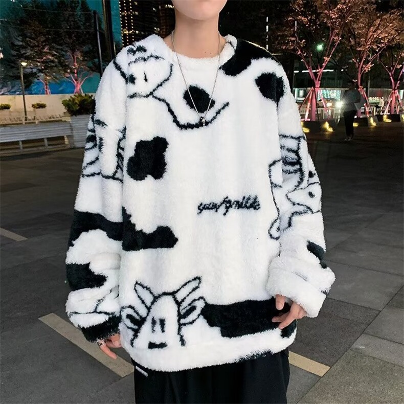 秋冬款时尚潮男百搭宽松圆领羊羔毛上衣图片