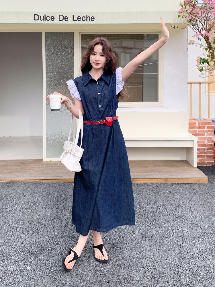 蓝色牛仔翻领连衣裙女2025年夏季新款时尚独特绝美收腰显瘦长裙子,女装连衣裙,慧尚依恋