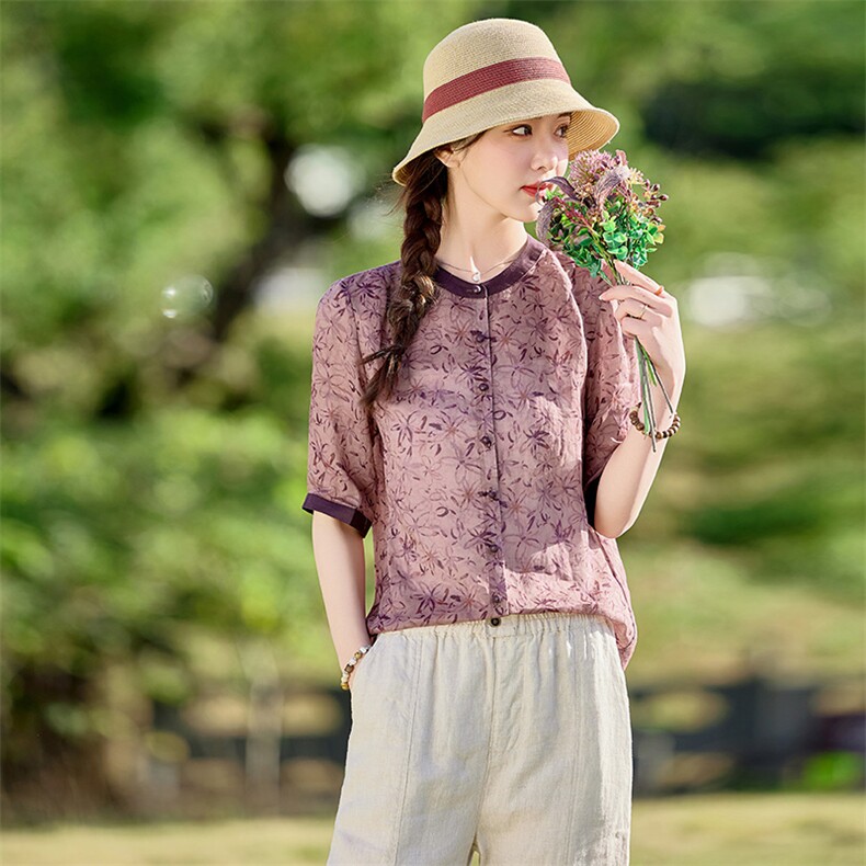 2026年春季文艺风女短袖宽松苎麻文艺/优雅，女装衬衫，江南依恋