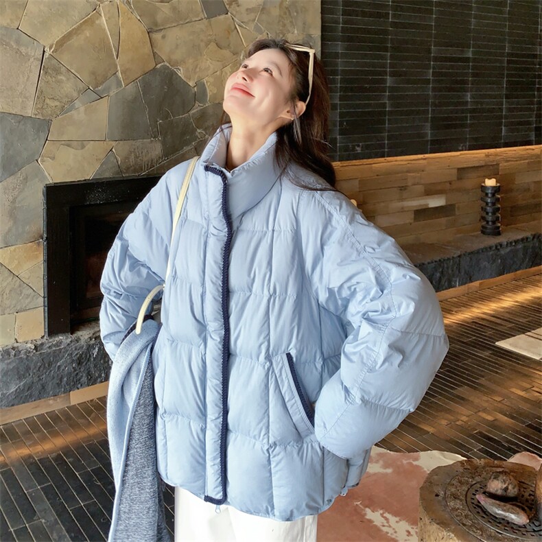 蓝色立领加厚羽绒服女2025冬季韩系学院风90白鸭绒面包服爆款外套,女装羽绒服,2D045