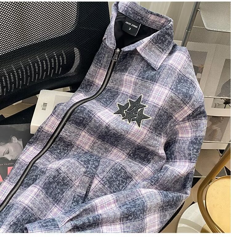 美式星星刺绣格子衬衫外套男秋冬季潮拉链毛呢复古氛围感夹克,男装夹克,星座601-2