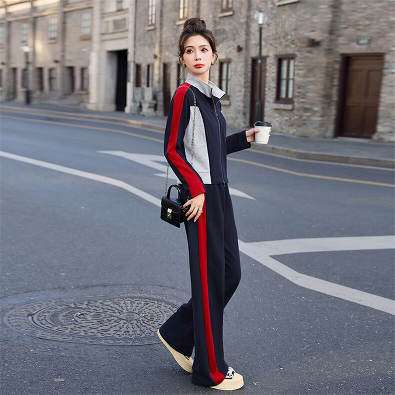 运动套装女春秋2025新款时尚显瘦开衫拼色休闲服立领卫衣两件套棉,女装套装/套裙,凝聚力