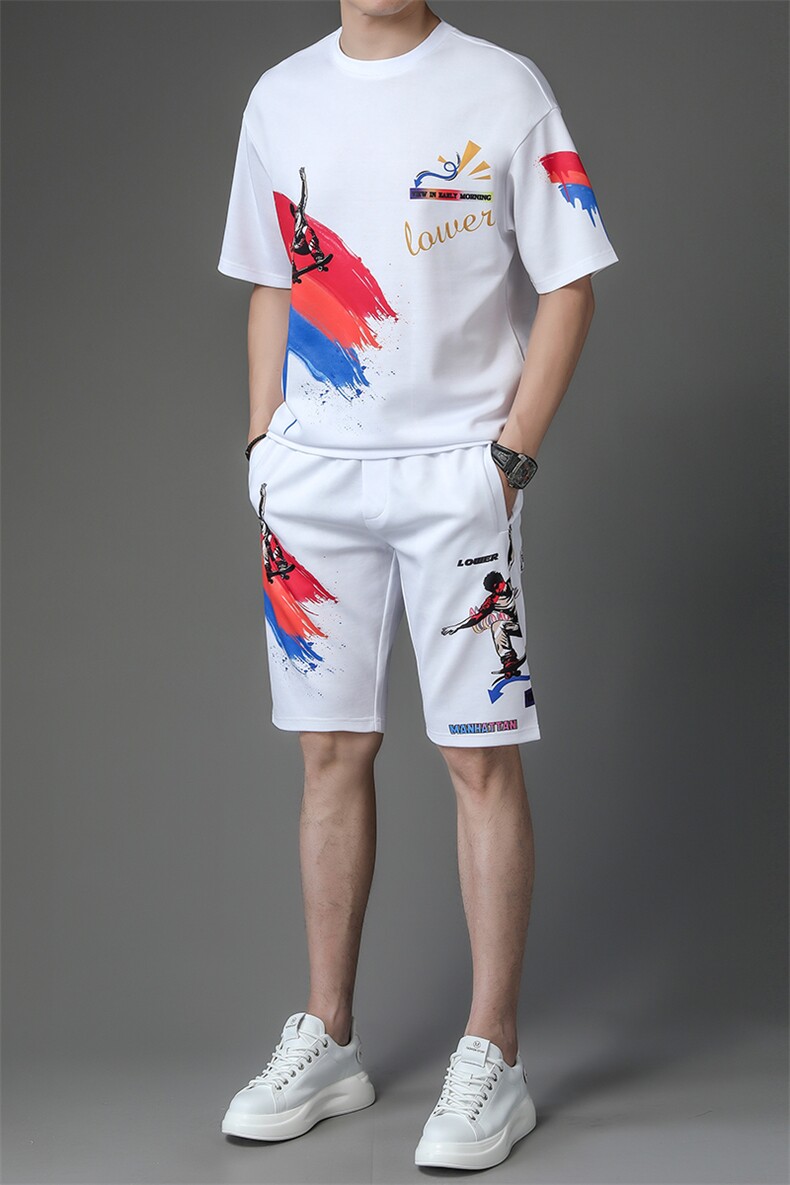 夏季男式短袖短裤透气两件套运动休闲圆领修身t恤套装,男装休闲套装,电商B360