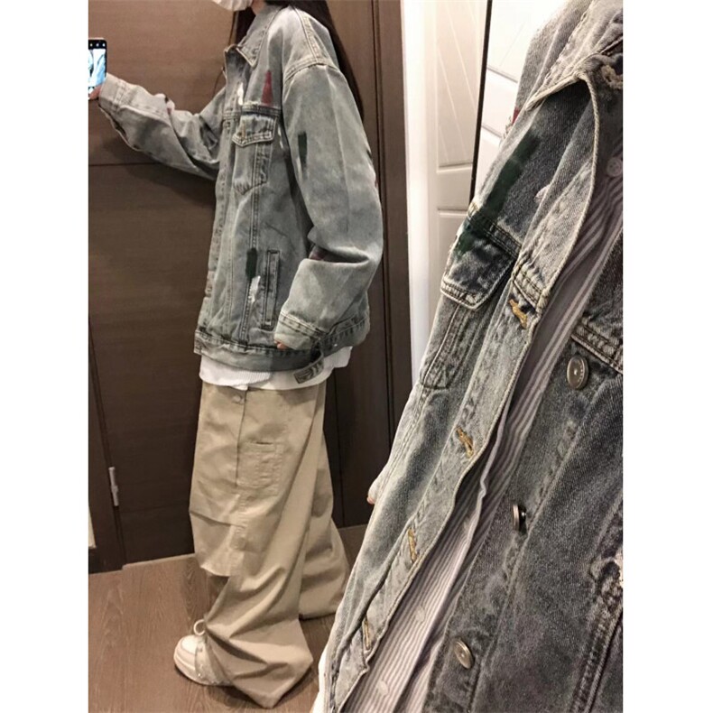 【有货】美式高街泼墨涂鸦破洞牛仔外套男款工装夹克J61HH-特P72,男装工装外套,星座1007（原301D）