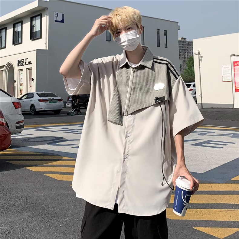 衬衫拼接原宿潮流标准新款男潮简约五分袖夏季W1266-P40图片