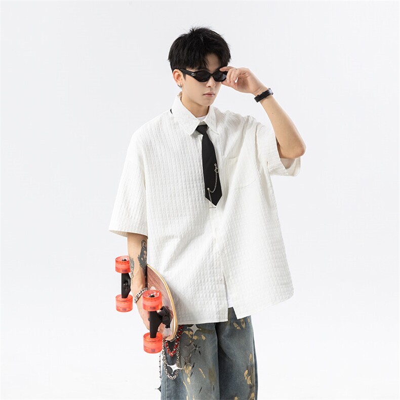 高街美式泡泡格肌理感夏季衬衫五分短袖男士衬衣25XC33158特批35，男装衬衫，电商A042