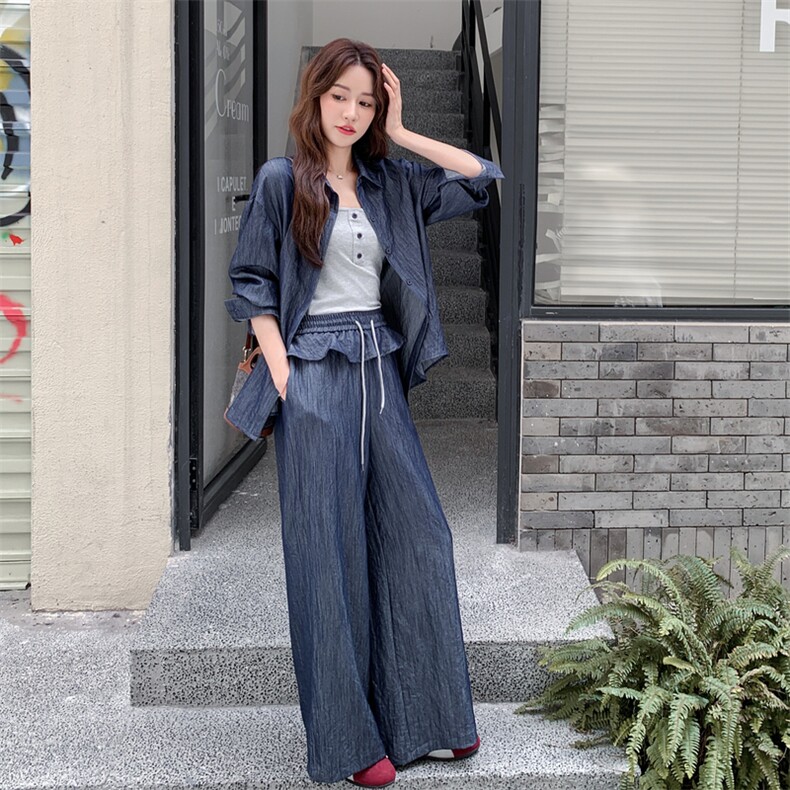 高级小众穿搭韩系chic蓝色衬衫套装女初春秋超火好看阔腿裤三件套,女装套装/套裙,2C056