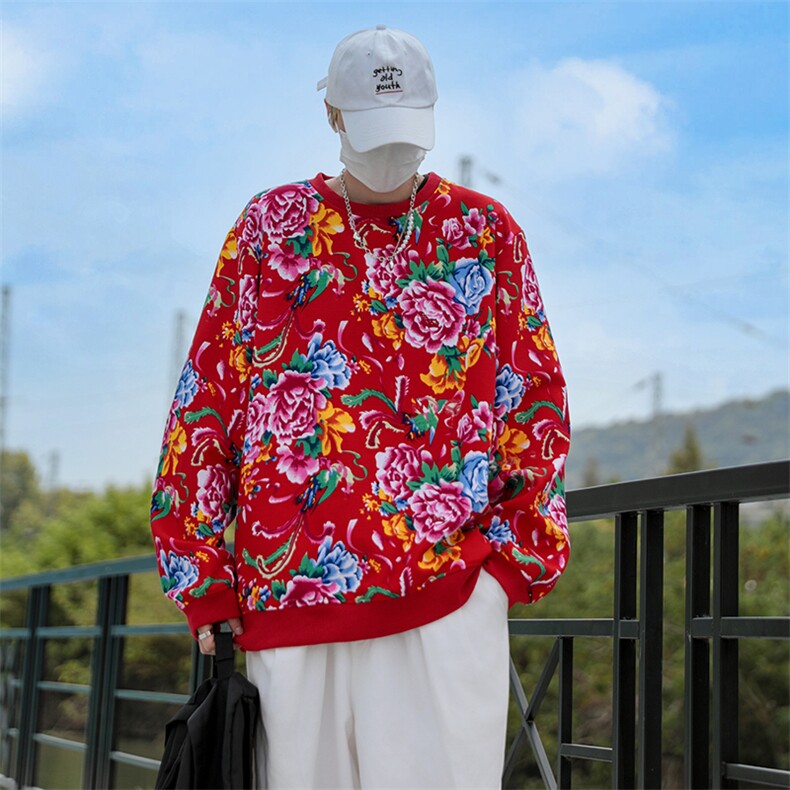 B203圆领大花卫衣大码男女新中式汉服团队表演出饭店火锅店情侣潮,男装民族服装,星座115A(原星座507）