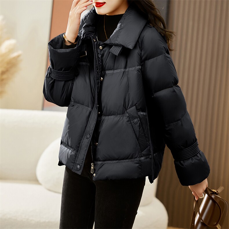 海贝设计感机车风立领短款羽绒服外套女小个子仿羊羔毛冬季短外套,女装羽绒服,辉之琳