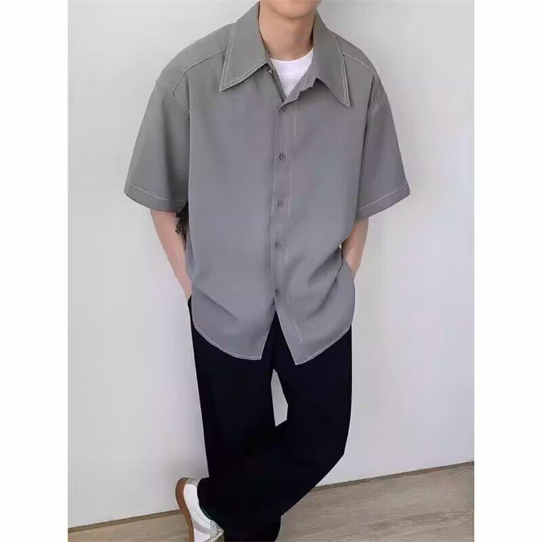 短袖衬衫男夏季宽松休闲半袖美式潮流结构青少年黑色衬衣,男装T恤,星座715-4