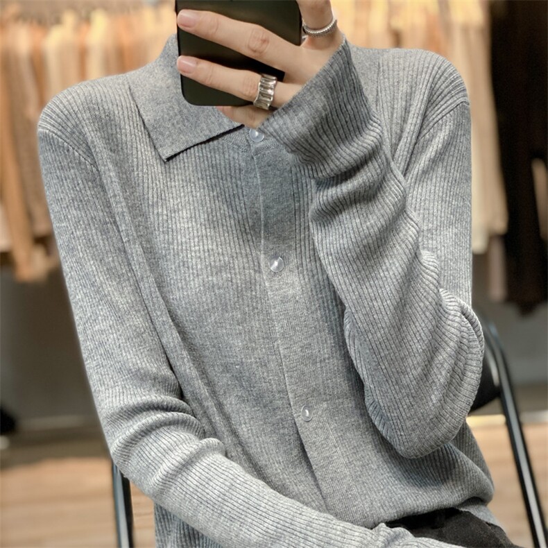 高级感Polo领抽条羊毛针织开衫女宽松百搭春秋毛衣外套上衣薄衬衫,针织衫/毛衣,雪真羊绒