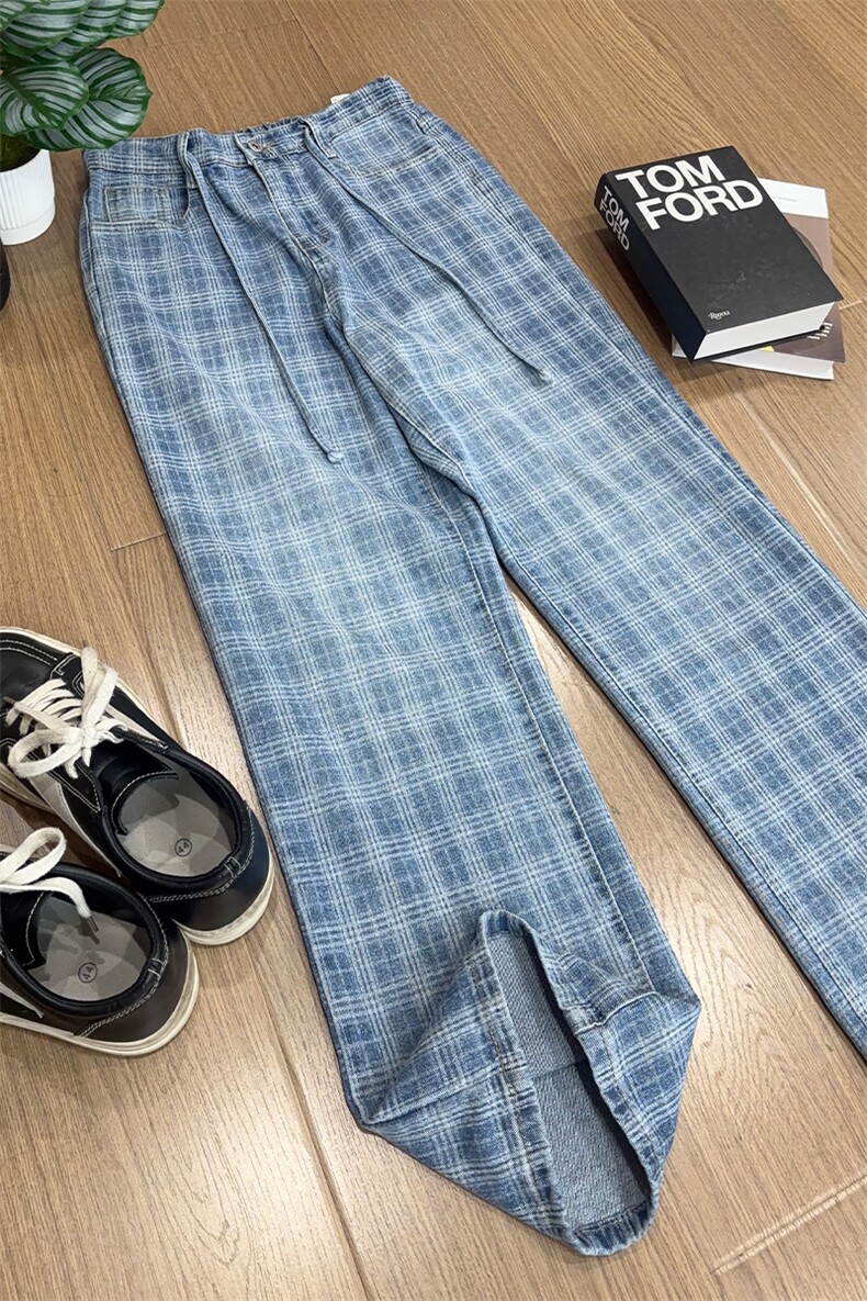 B221美式ins暗黑高街个性直筒格子牛仔裤LK25571-特P45控78,男装牛仔裤,电商B221