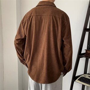 男秋季复古灯芯绒长袖衬衫日系潮流口袋衬衣FA12P38图片