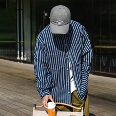 春季日系复古色织竖条纹牛仔衬衫男高级感宽松休闲翻领衬衣，男装衬衫，星座506A