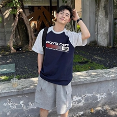 抖音得物高品质二开240克宽松纯棉美式潮牌插肩袖拼接短袖T恤，男装T恤，电商A486-1