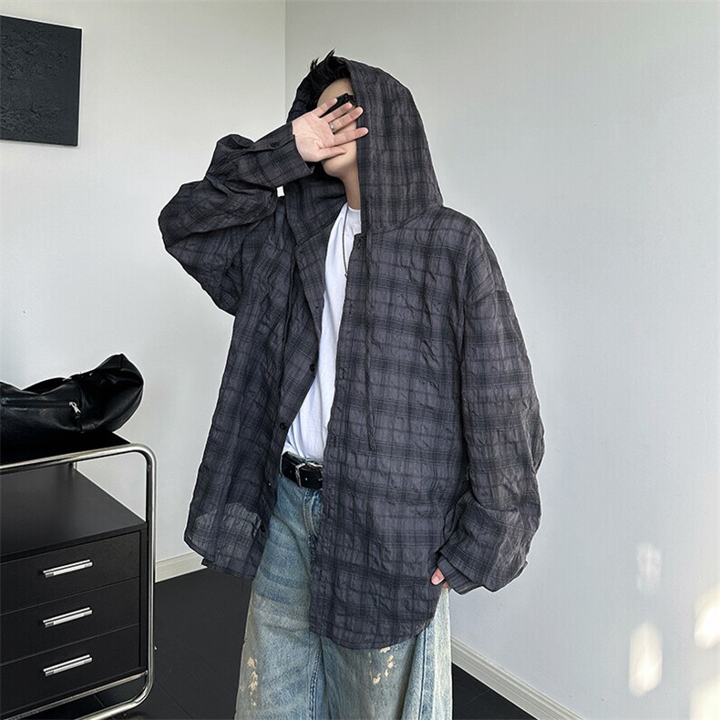 廓形防晒衬衫男夏季长袖冰丝薄款亚麻格子衬衣开衫外套CS29006P50图片