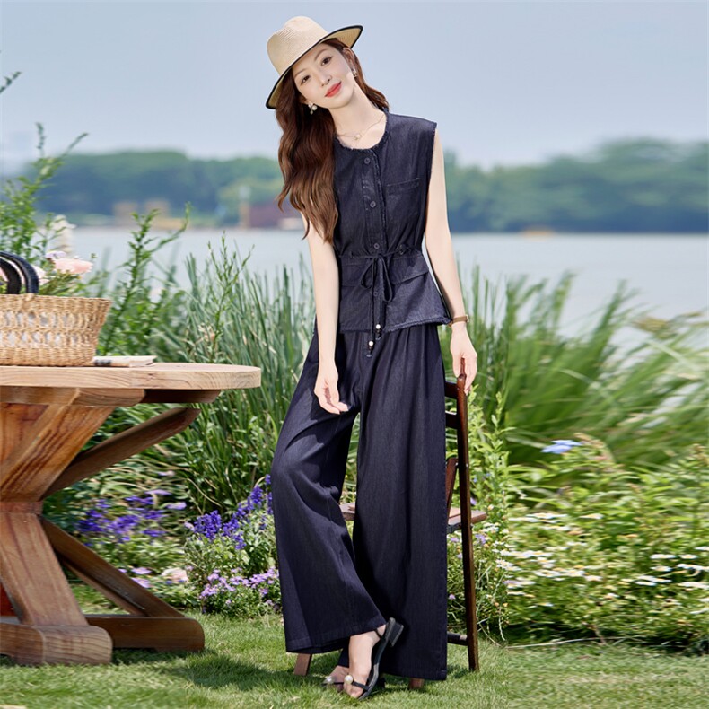 夏季薄款天丝牛仔套装女2025新款时尚巨好看无袖上衣阔腿裤两件套,女装套装/套裙,E百度