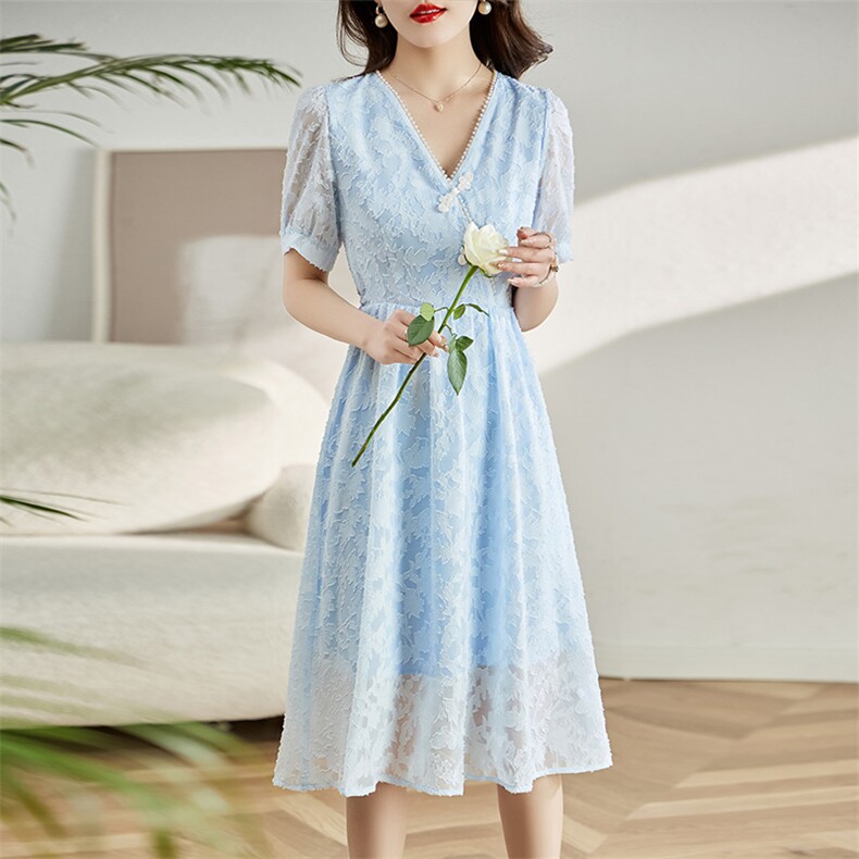 新中式盘扣连衣裙女2023夏新款修身显瘦气质改良旗袍蕾丝绣花裙子，女装连衣裙，超帛